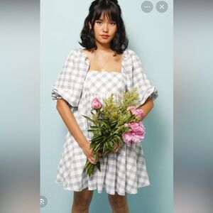 Storia Jolene Babydoll Mini Dress Size S Gingham Puff Sleeve Blue White